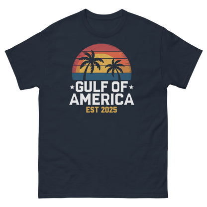 Navy crew-neck T-shirt with sunset palm tree graphic and “GULF OF AMERICA EST 2025” print