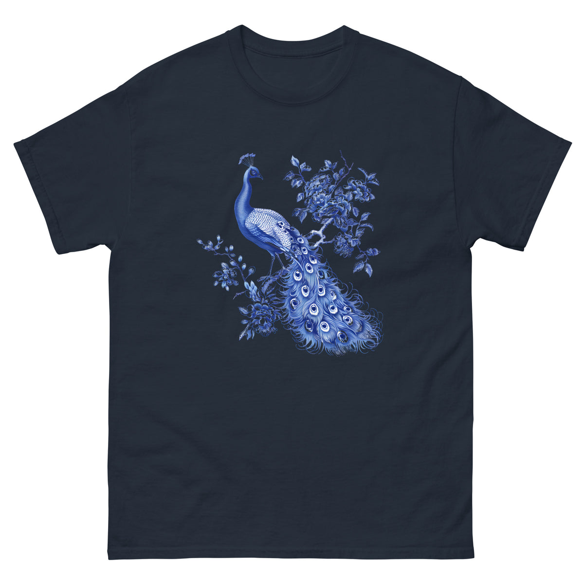 Navy T-shirt with blue peacock and floral graphic on chest