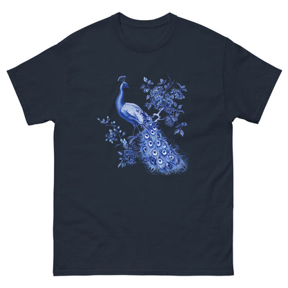 Navy T-shirt with blue peacock and floral graphic on chest
