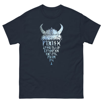 Navy T-shirt with horned Viking rune graphic print at center front