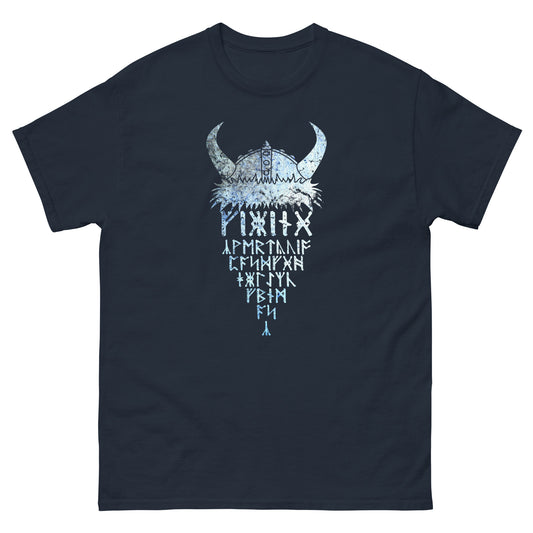 Navy T-shirt with horned Viking rune graphic print at center front