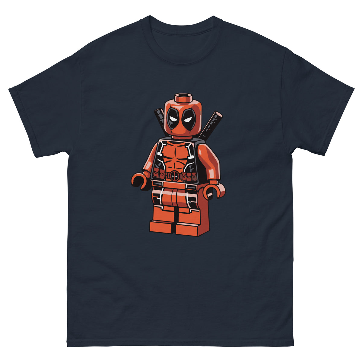 Navy T-shirt with LEGO-style Deadpool minifigure graphic on front.