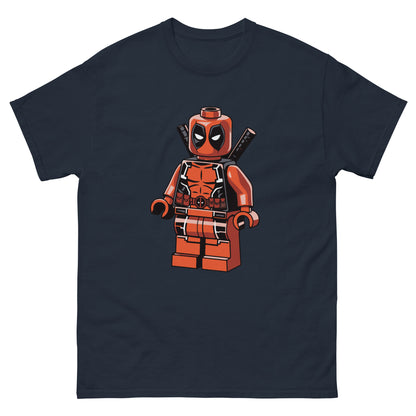 Navy T-shirt with LEGO-style Deadpool minifigure graphic on front.