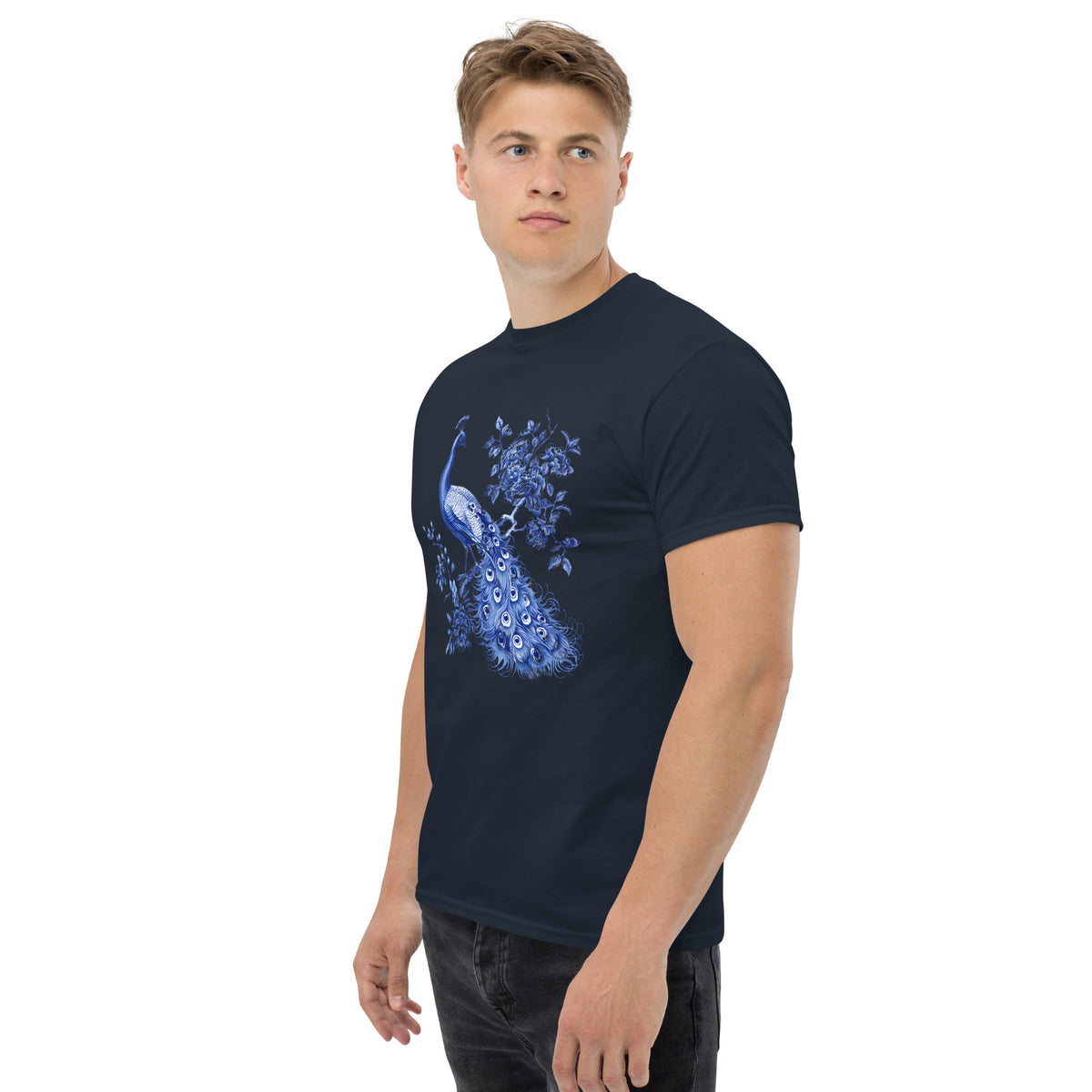 Navy t-shirt with blue peacock and floral artwork on the chest, side view