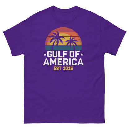 Purple crew-neck T-shirt with sunset palm tree graphic and “GULF OF AMERICA EST 2025” print