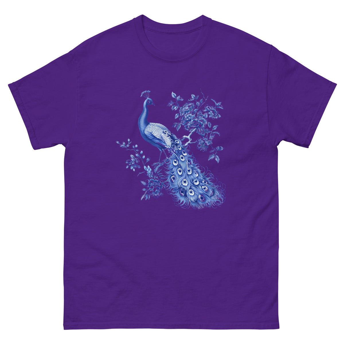 Purple T-shirt with blue peacock and floral graphic on chest