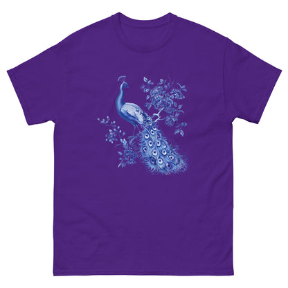 Purple T-shirt with blue peacock and floral graphic on chest