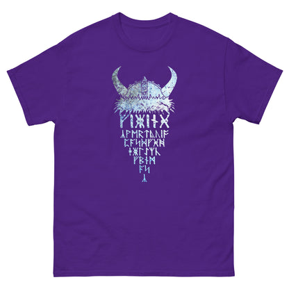 Purple T-shirt with horned Viking rune graphic print at center front