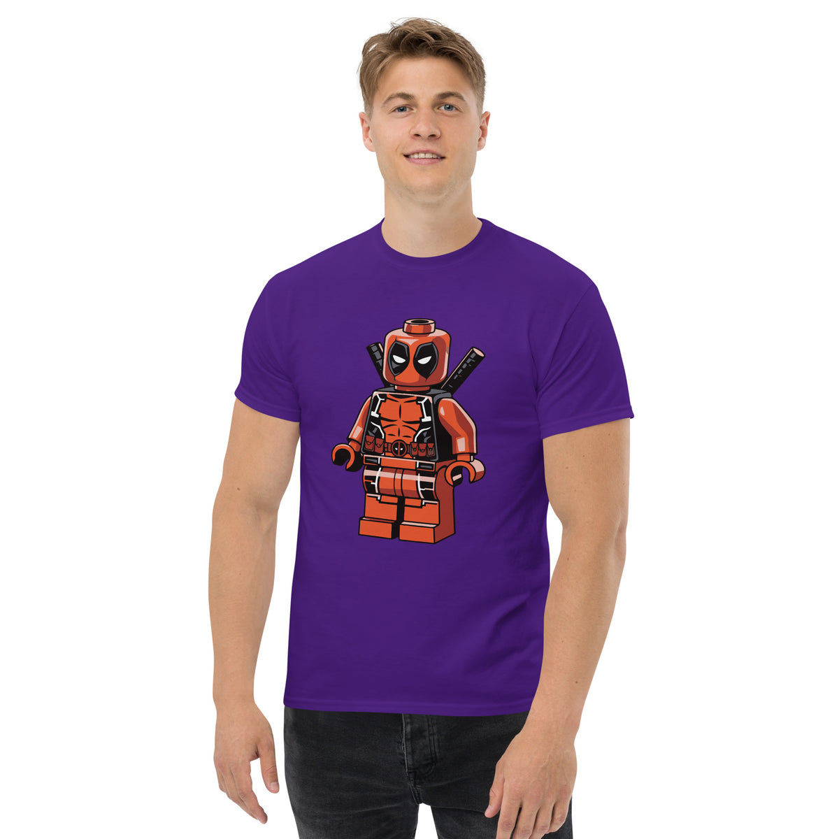 Purple T-shirt with orange-red block superhero character graphic on front