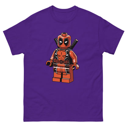 Purple T-shirt with LEGO-style Deadpool minifigure graphic on front.