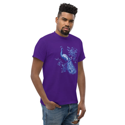 Purple t-shirt with blue peacock and floral artwork on the chest