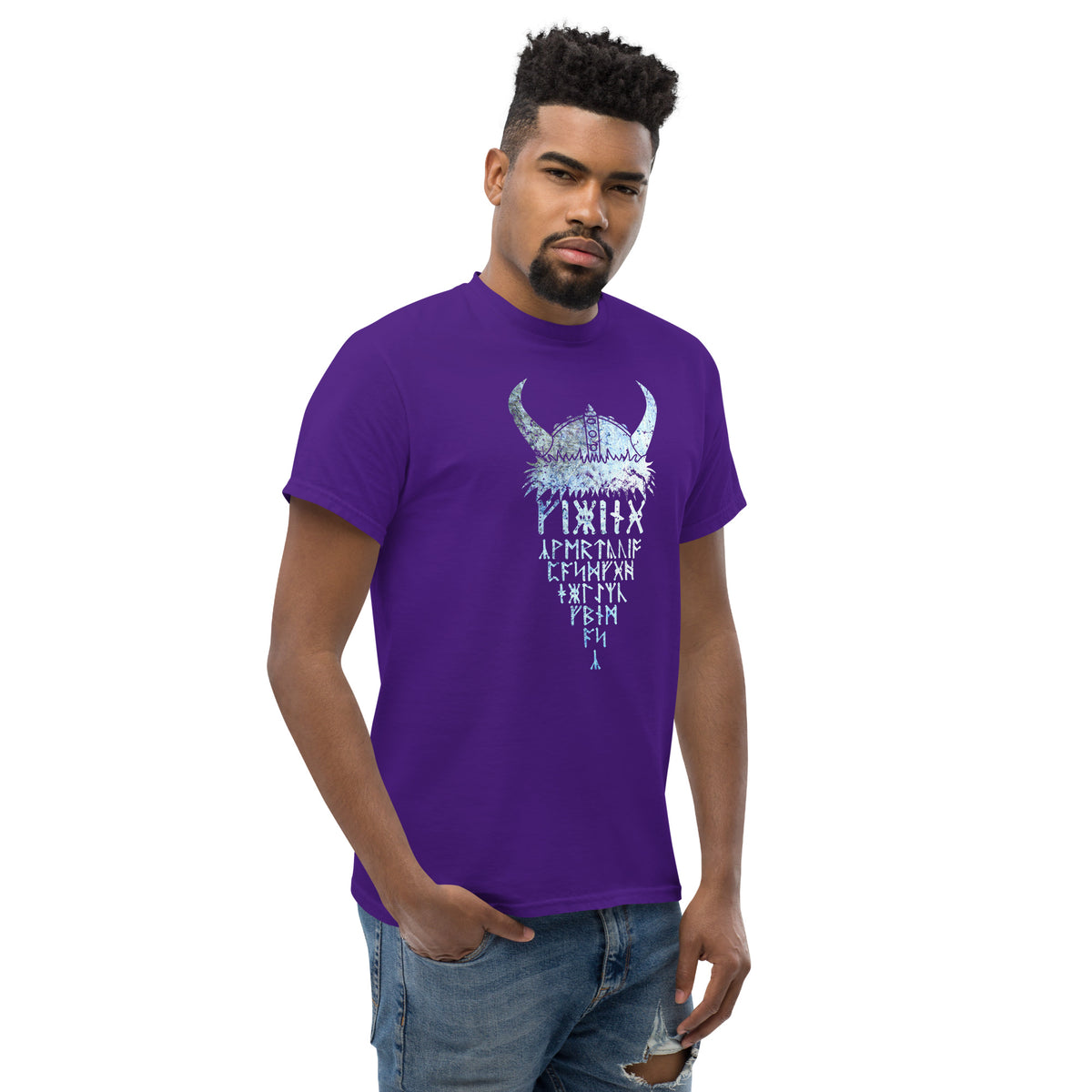 Purple T-shirt with horned Viking rune graphic print at center front