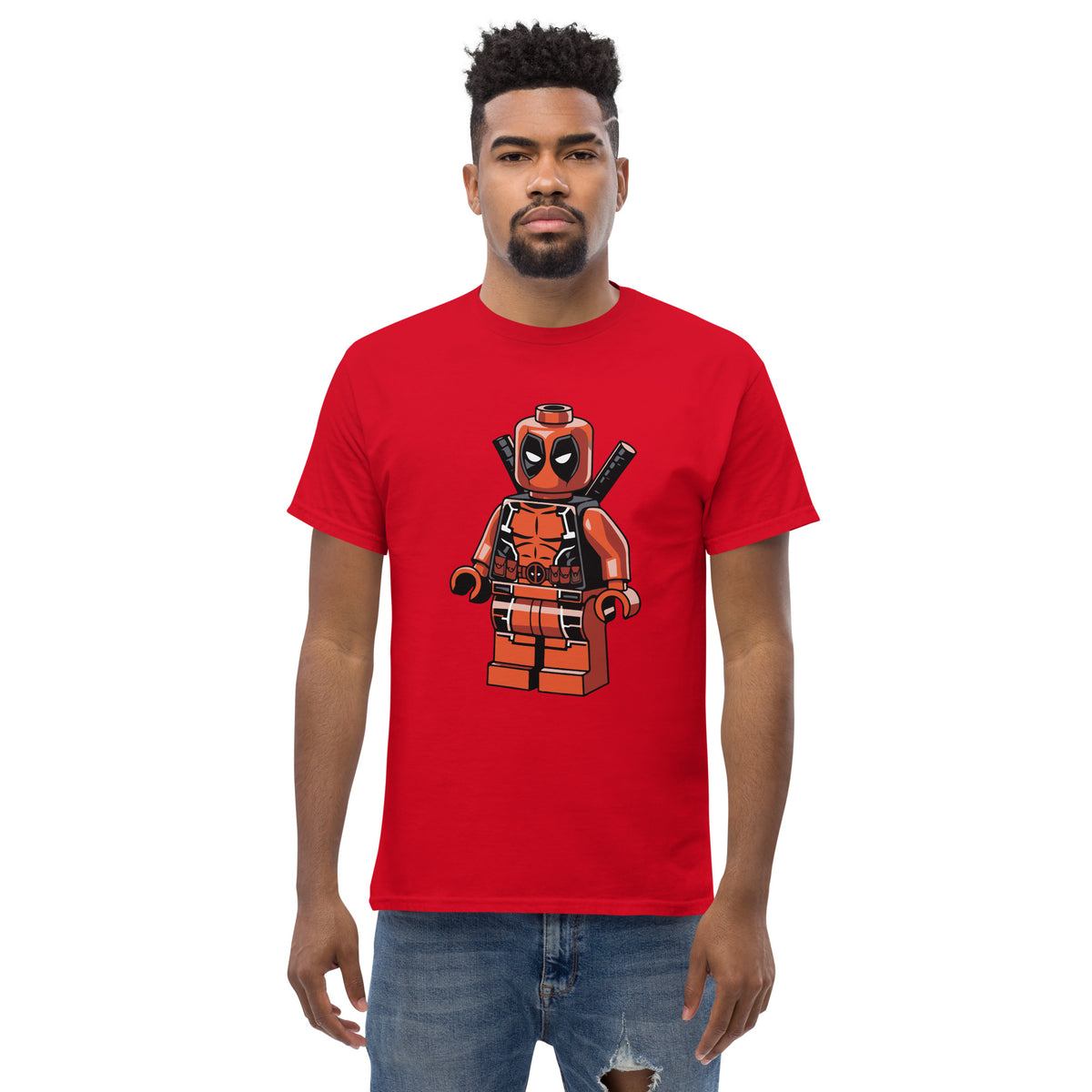 Red T-shirt with orange-red block superhero character graphic on front
