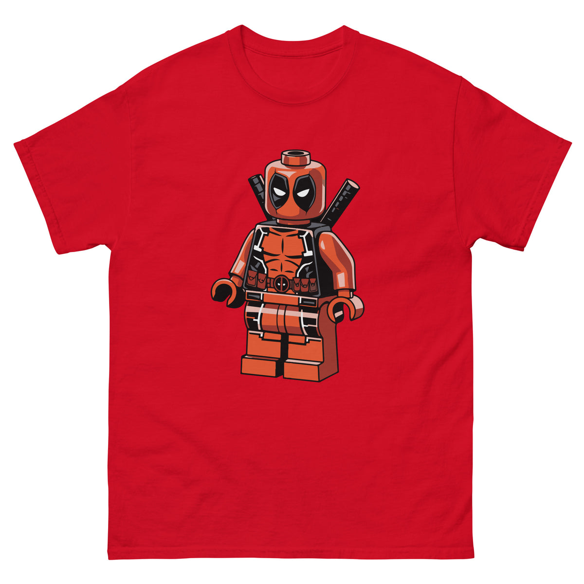 Red T-shirt with LEGO-style Deadpool minifigure graphic on front.