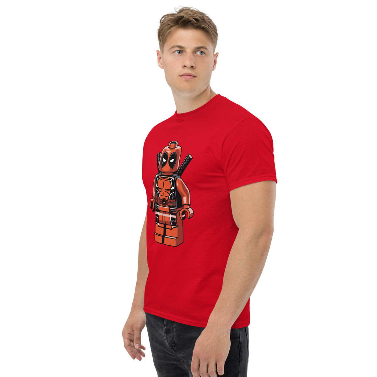 Red T-shirt with orange-red block superhero character graphic on front
