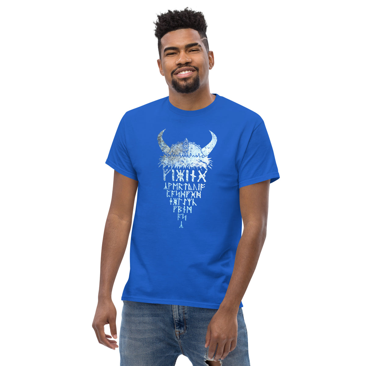 Royal blue T-shirt with horned Viking rune graphic print at center chest