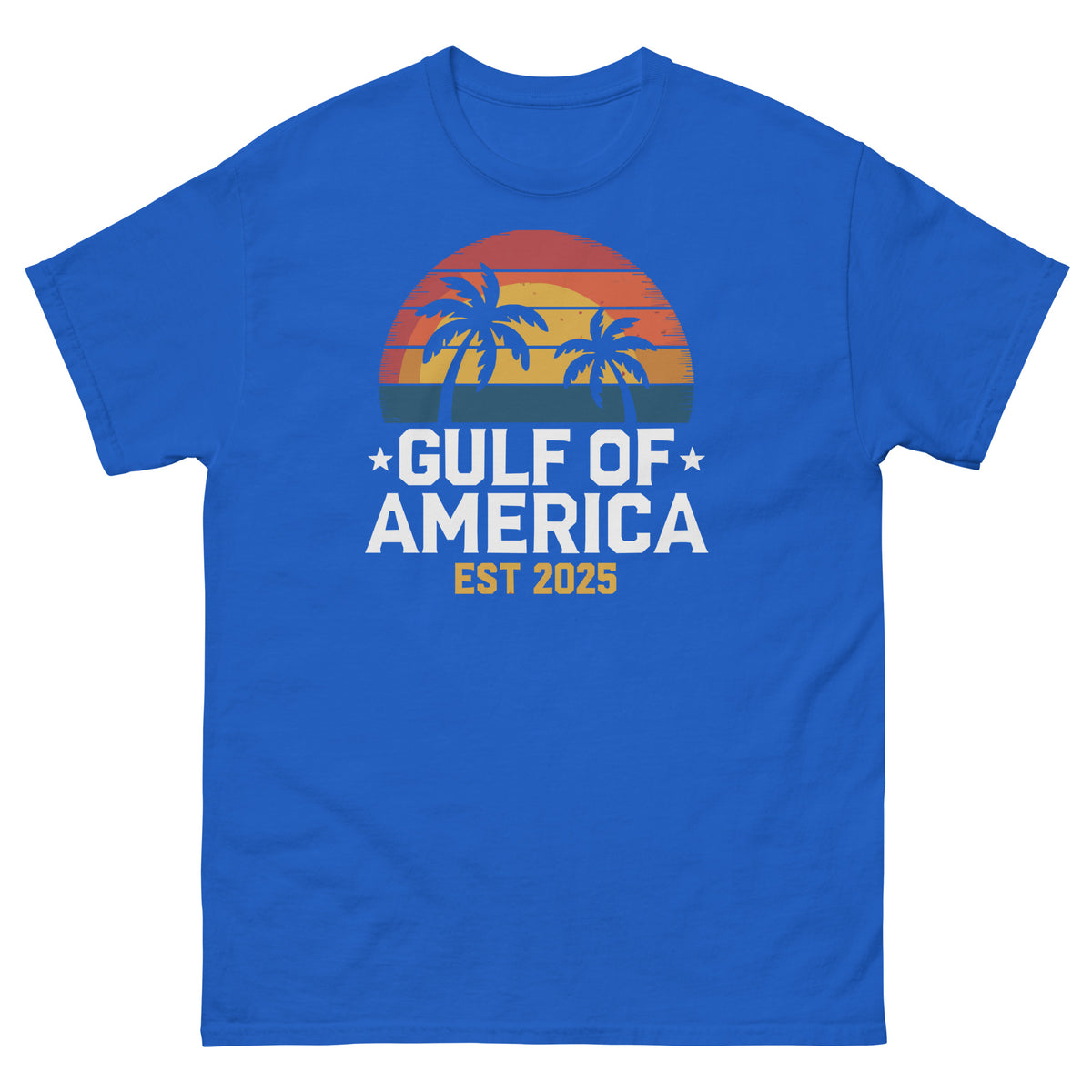 Royal blue T-shirt with Gulf of America palm sunset graphic and EST 2025.