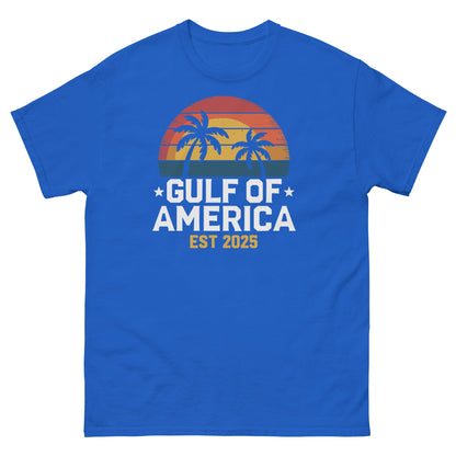 Royal blue T-shirt with Gulf of America palm sunset graphic and EST 2025.