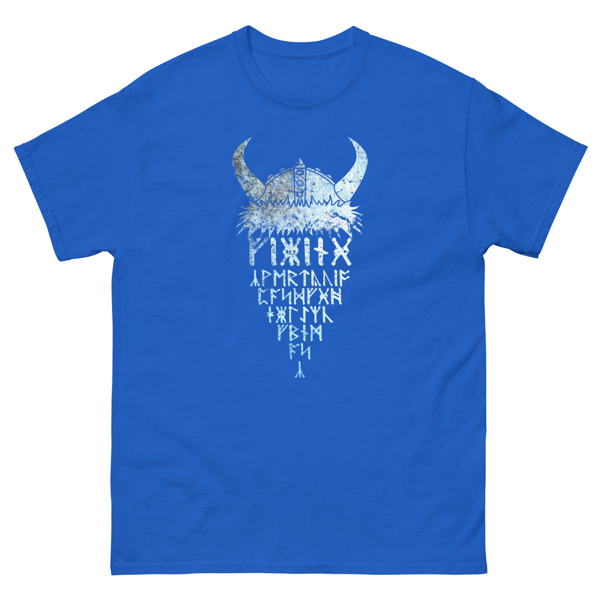 Royal blue crew-neck T-shirt with icy viking rune graphic on chest