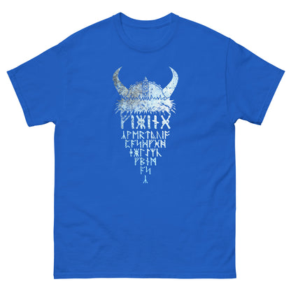 Royal blue crew-neck T-shirt with icy viking rune graphic on chest