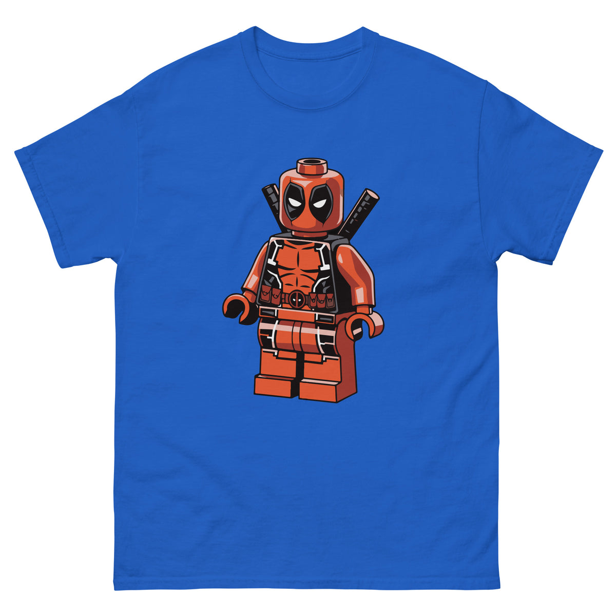 Royal blue T-shirt with LEGO-style Deadpool minifigure graphic on front.
