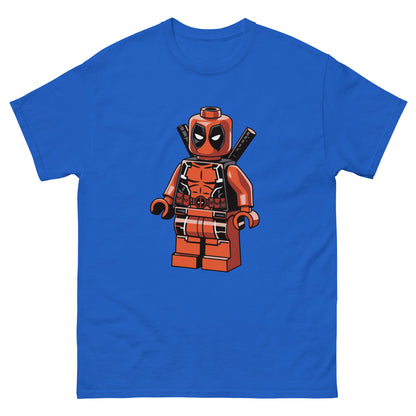 Royal blue T-shirt with LEGO-style Deadpool minifigure graphic on front.