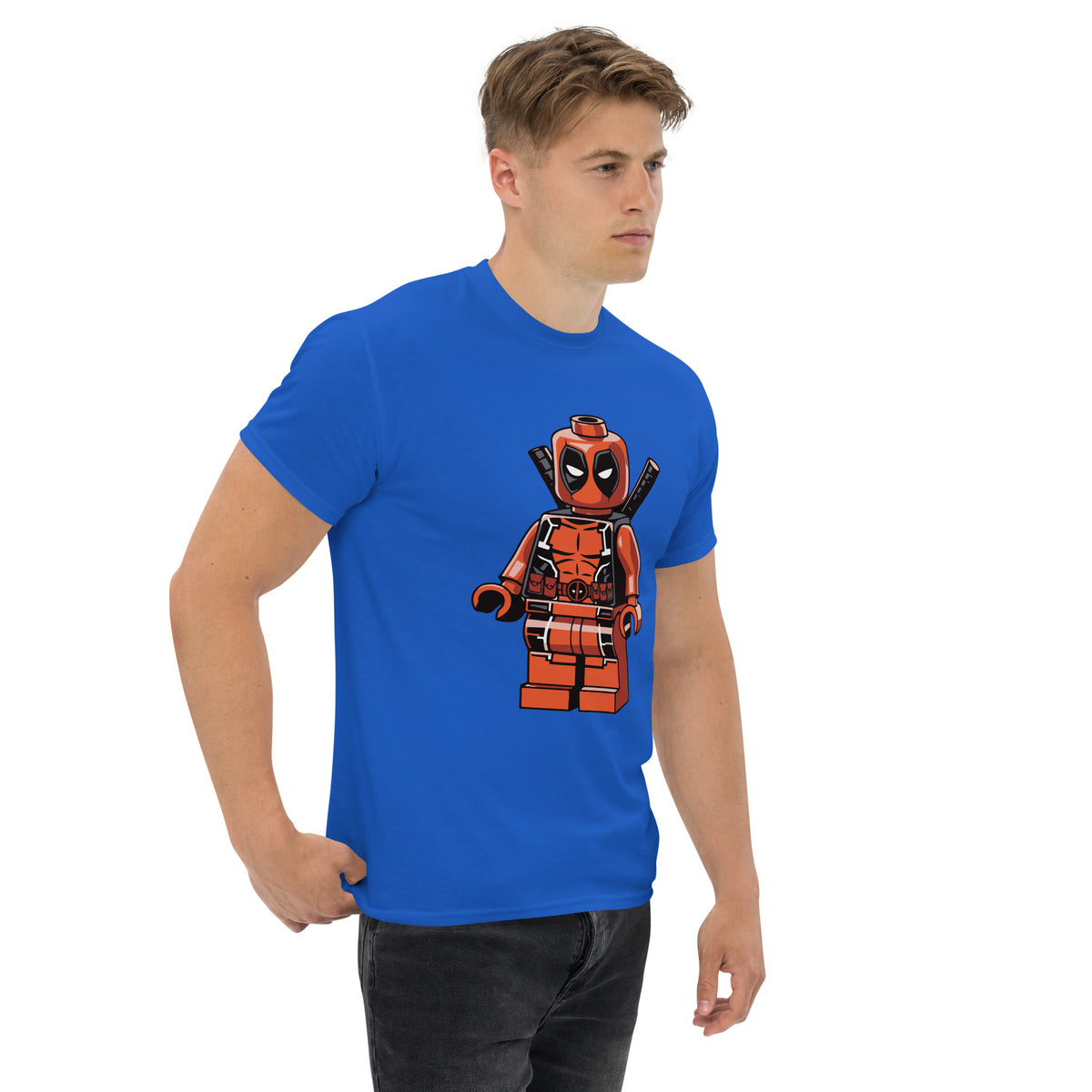 Royal blue T-shirt with orange-red block superhero character graphic on front