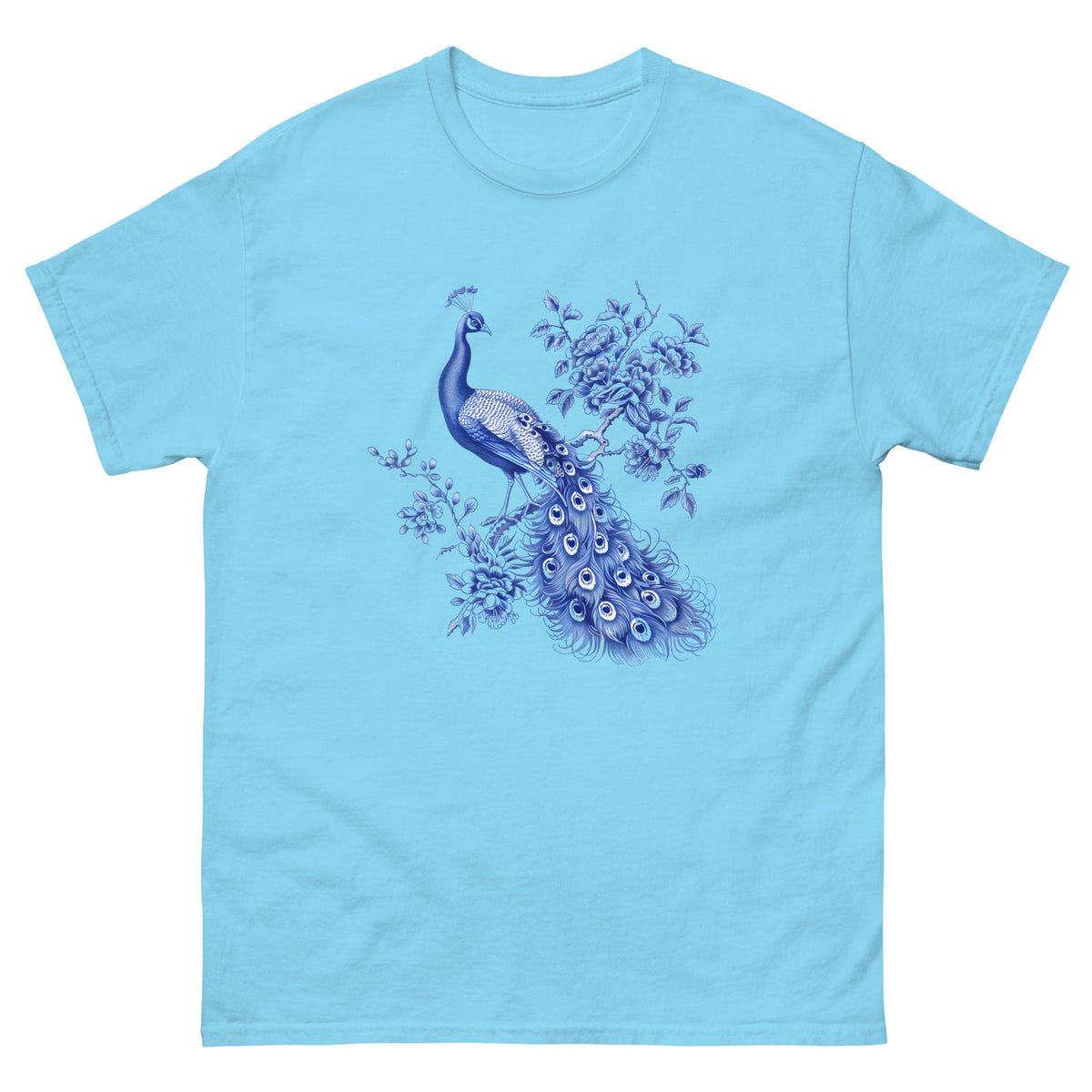 Sky blue t-shirt with blue peacock and floral artwork on the chest