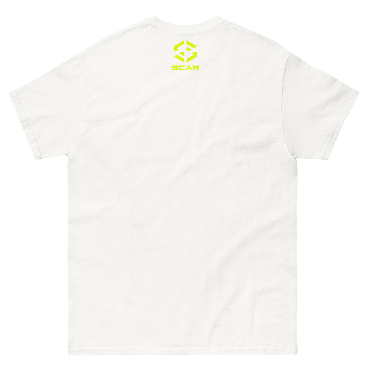 White T-shirt with small SCAR logo on upper back