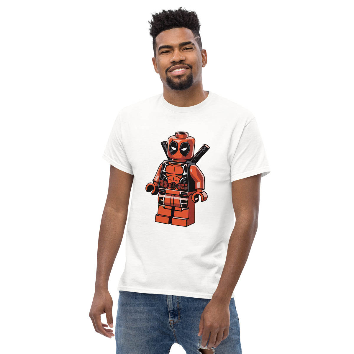 White T-shirt with LEGO-style Deadpool minifigure graphic on front.
