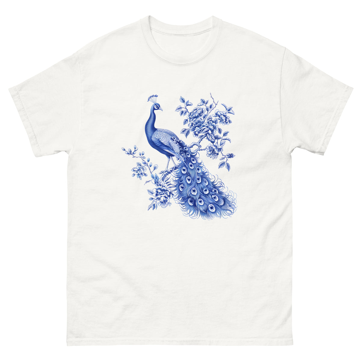 White T-shirt with blue peacock graphic on the front