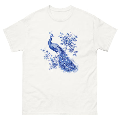 White T-shirt with blue peacock graphic on the front