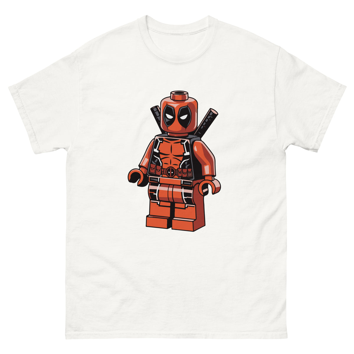 White T-shirt with centered LEGO-style Deadpool character graphic