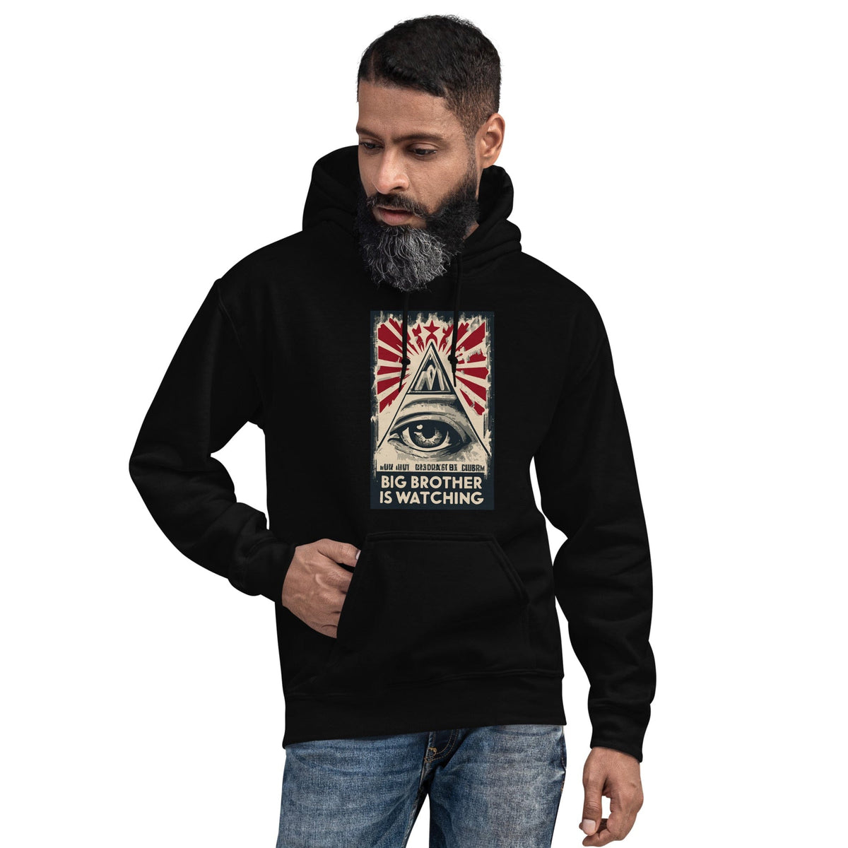Black hoodie with hood and eye-and-pyramid graphic, front pouch visible