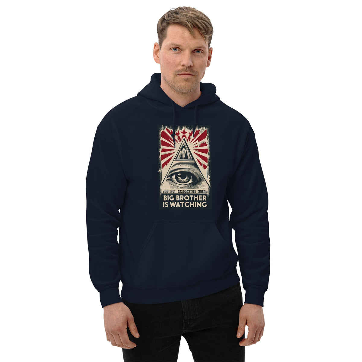 Navy hoodie with hood and front pouch, featuring eye-and-pyramid graphic