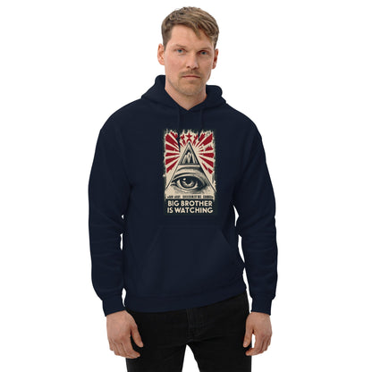 Navy hoodie with hood and front pouch, featuring eye-and-pyramid graphic