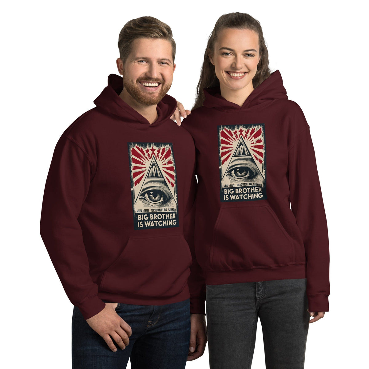 Maroon hoodie with front pouch and eye-and-pyramid graphic on the chest