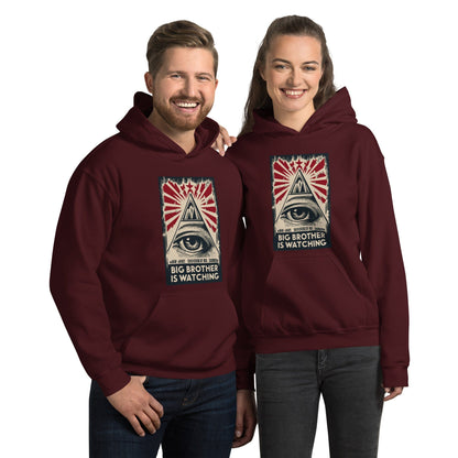 Maroon hoodie with front pouch and eye-and-pyramid graphic on the chest