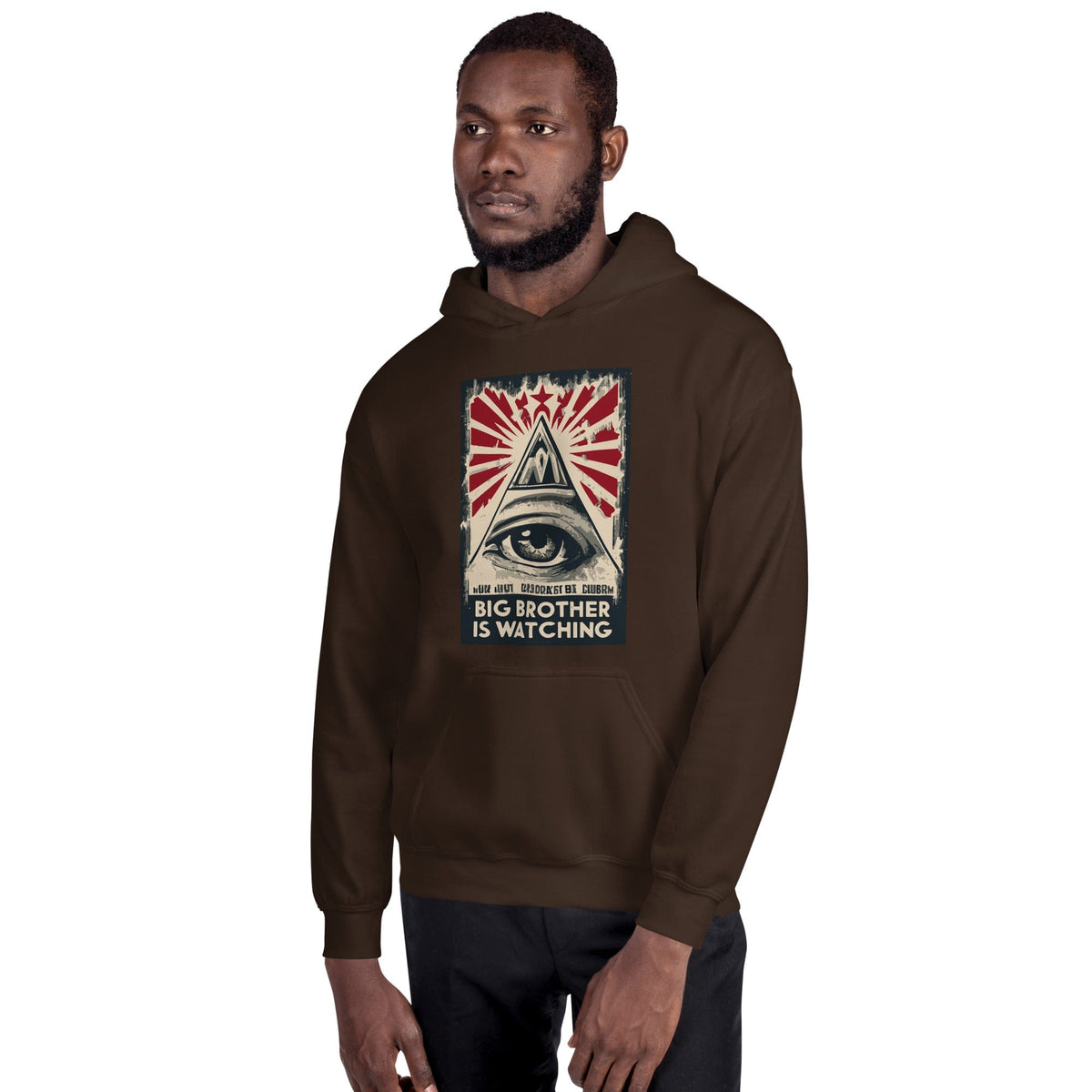 Dark brown hoodie with hood and front pouch, eye-and-pyramid graphic centered