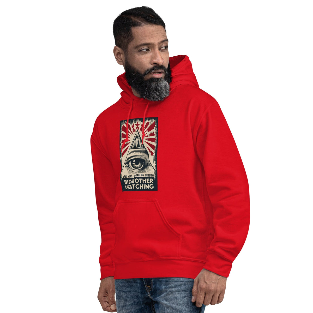 Red hoodie with hood and front pouch, eye-and-pyramid graphic on the chest
