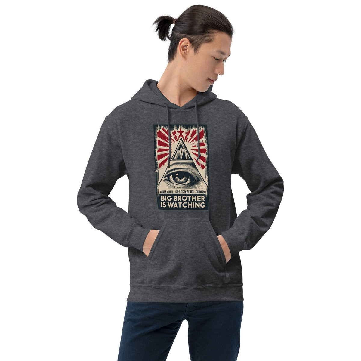Dark gray heather hoodie with hood and pouch, eye-and-pyramid graphic on chest