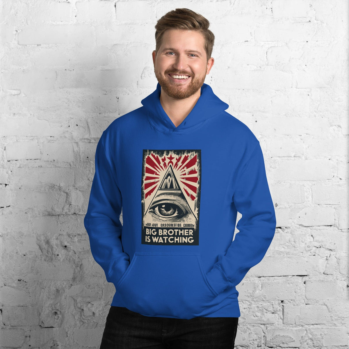 Blue hoodie with front pouch and hood, showing eye-and-pyramid graphic