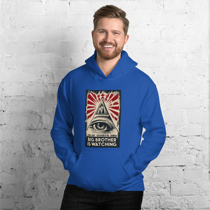 Blue hoodie with front pouch and hood, showing eye-and-pyramid graphic