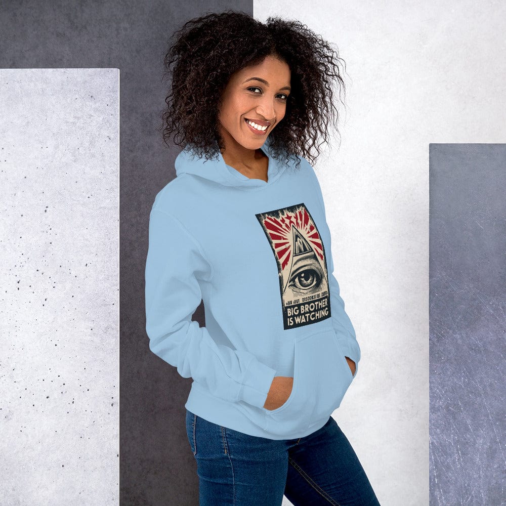 Light blue hoodie with front graphic print and front pocket.