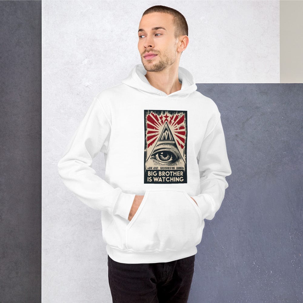 White hoodie with front graphic print and front pocket.