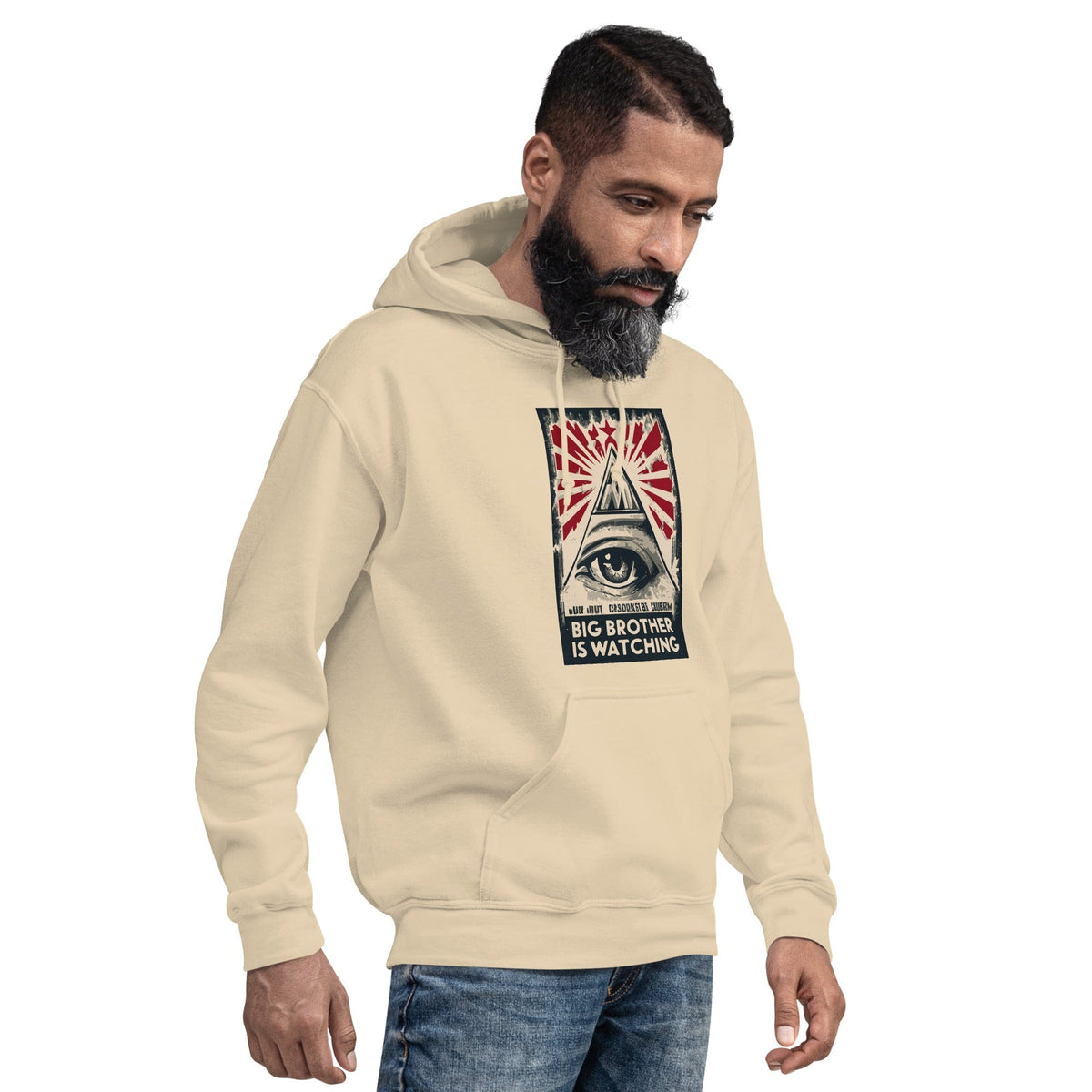 Light beige hoodie with hood and eye-and-pyramid graphic on the chest