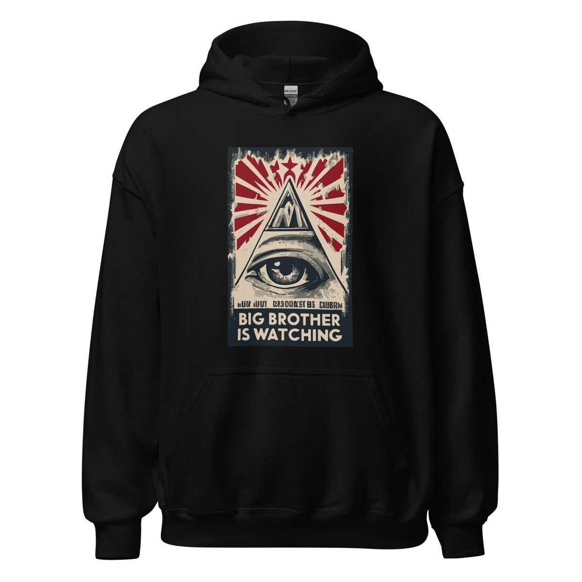 Black hoodie with front pouch and hood, featuring eye-and-pyramid graphic