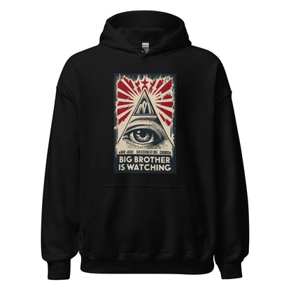 Black hoodie with front pouch and hood, featuring eye-and-pyramid graphic