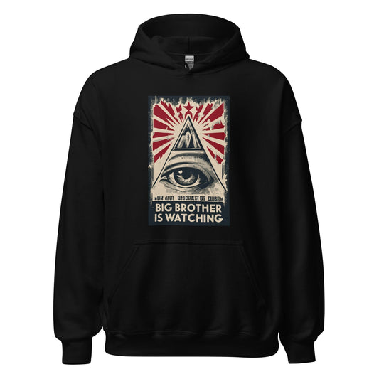 Black hoodie with front pouch and hood, featuring eye-and-pyramid graphic