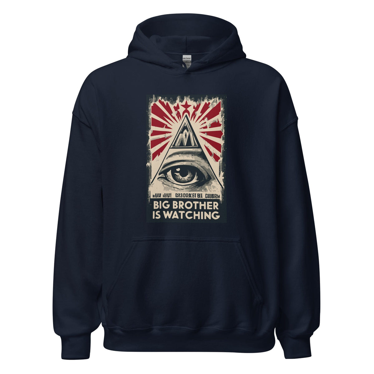 Navy hoodie with front graphic print and front pocket.